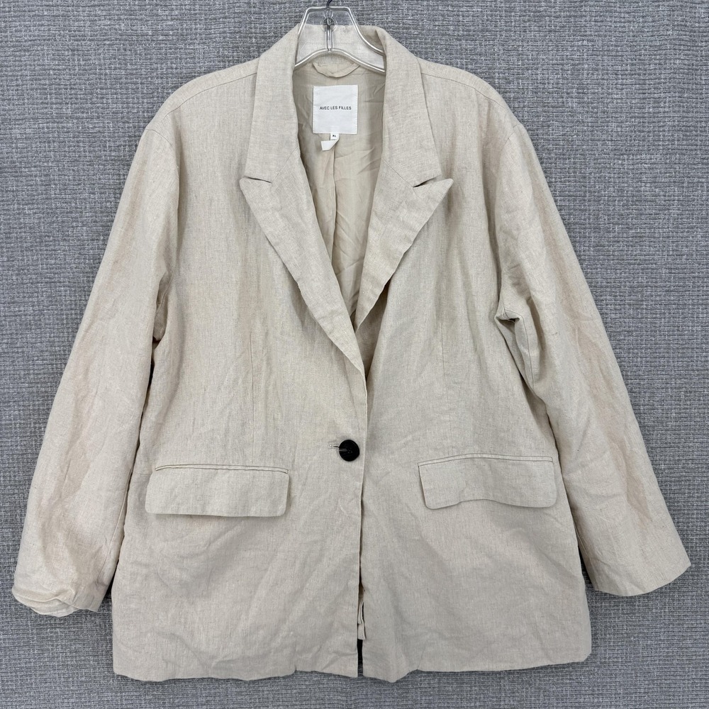 Avec Les Filles Blazer Mens XL Beige Linen Lined Single-Breasted‎ Overcoat